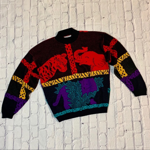 Vintage Sweaters - Vintage Animal Jungle Elephant Zebra Tiger Sweater